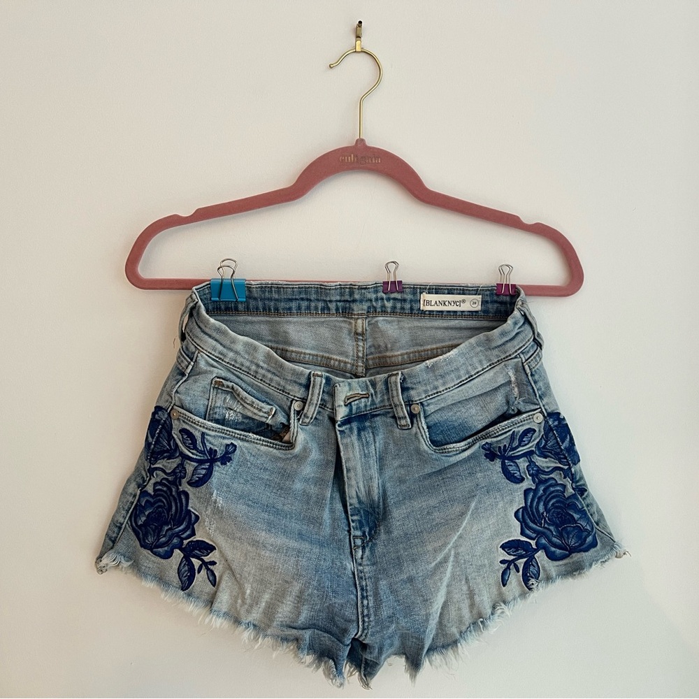Blank NYC Light Blue Jean Shorts with Dark Blue Embroidery - Picture 7 of 7
